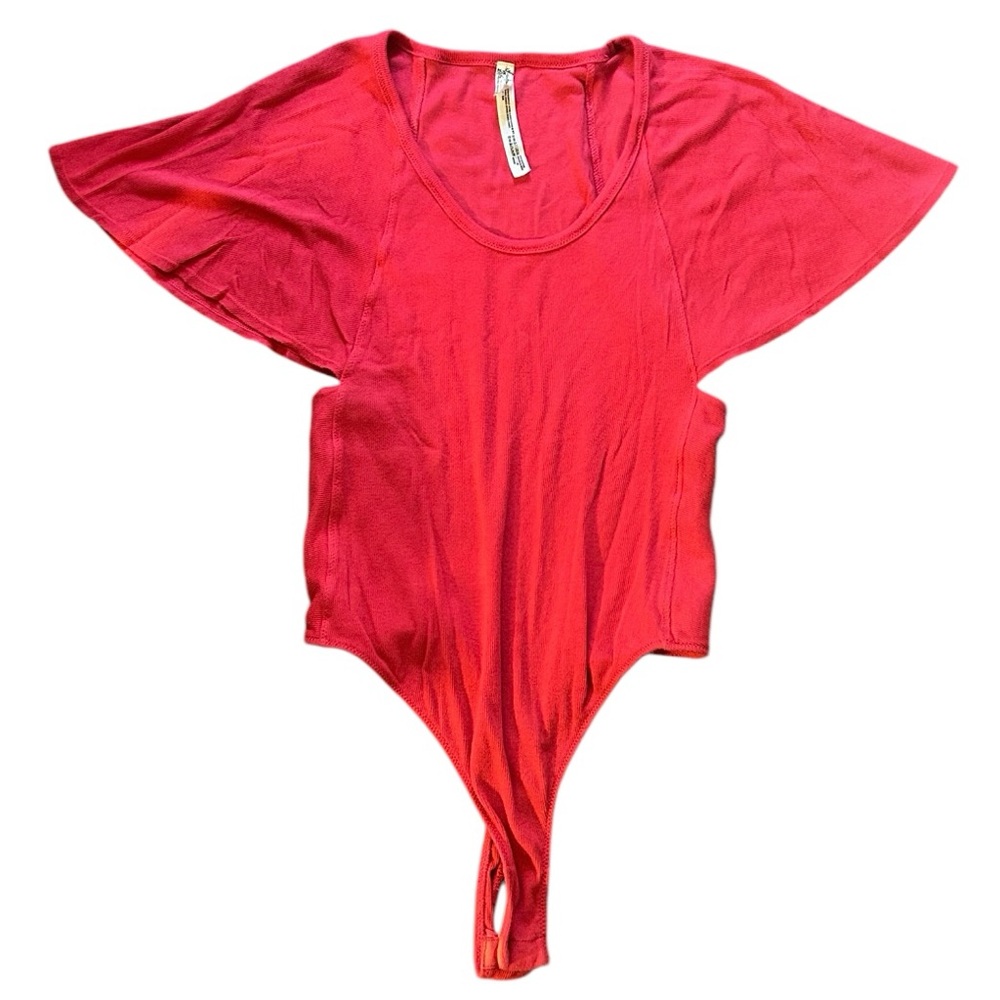Free People Intimately Byron Ribbed Flutter-Sleeve Bodysuit in Raspberry - Picture 3 of 5